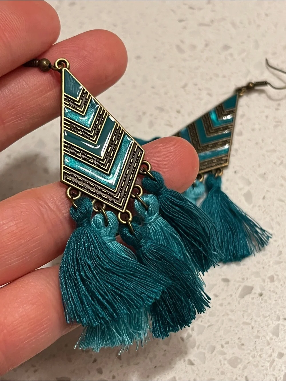 Boho Teal Chevron Tassel Drop Earrings